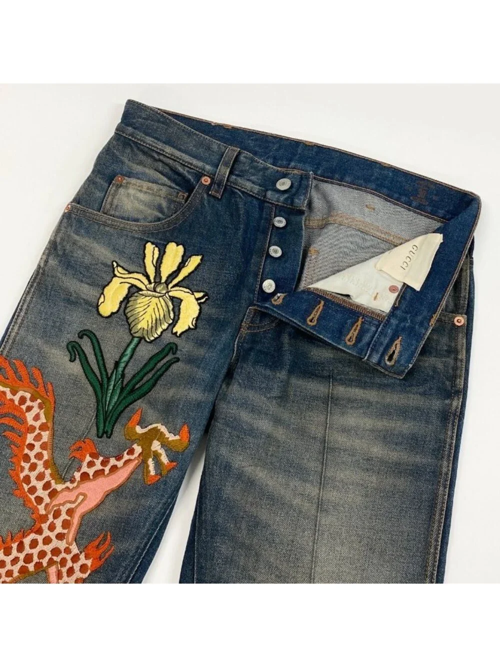 Gucci Dragon Flower Embroidery Vintage Wash Denim Pants Flour Embroidered Jeans